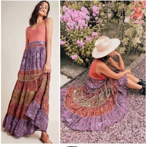 Anthropologie Colima Boho Tiered Snake Print Maxi Dress Size M Petite - Picture 1 of 8